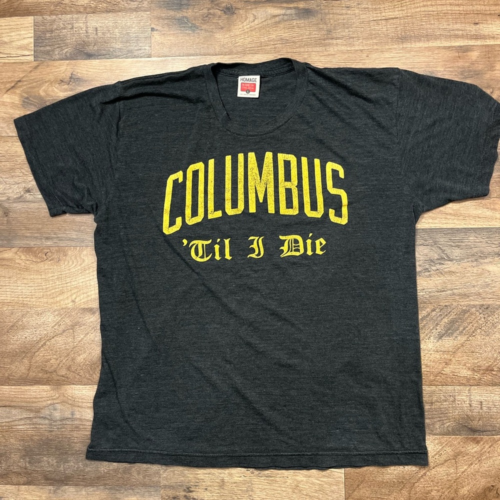 Vintage HOMAGE Charcoal Tee with Bold Yellow Graphic